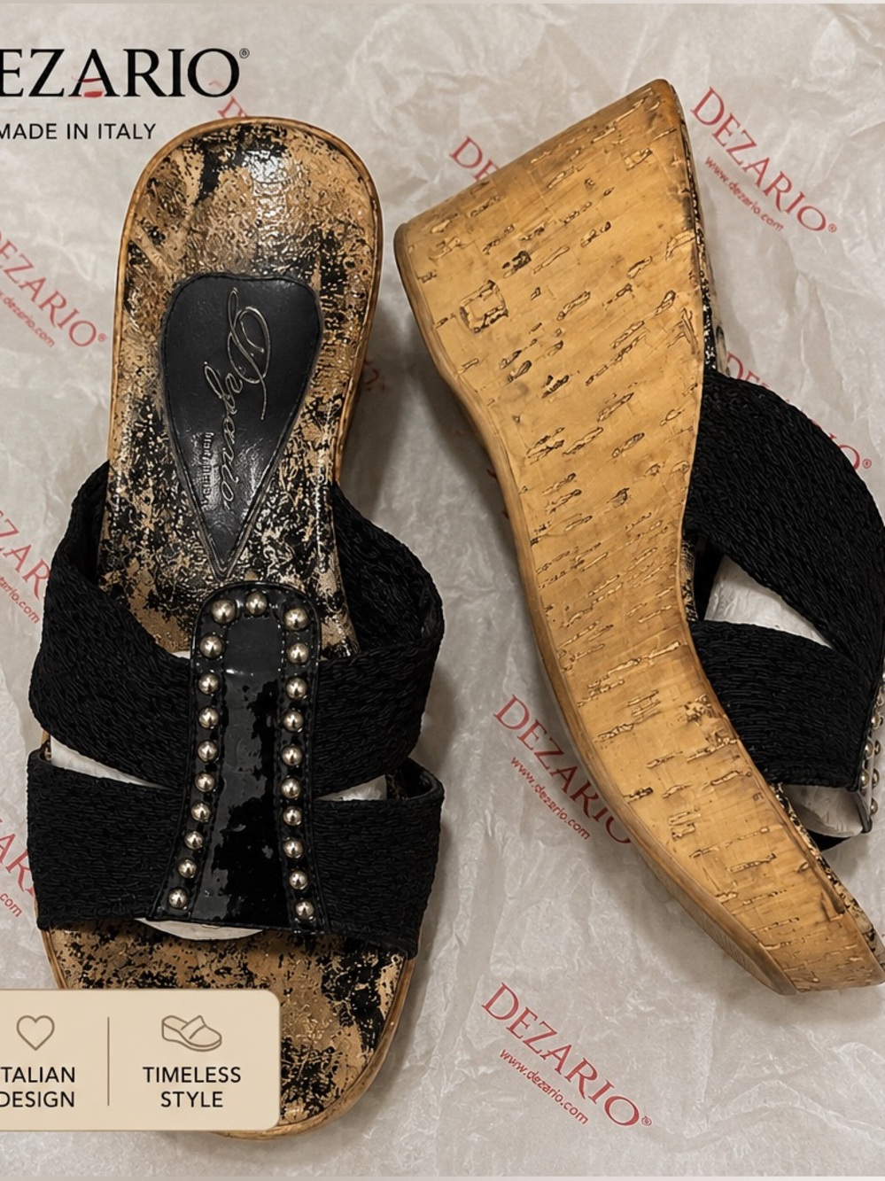 Dezario Black Raffia Cork Wedge Sandals